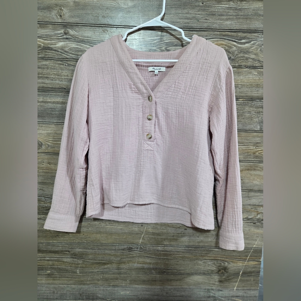 Madewell XS Pale Pink Textured Lightweight Gauze Henley Blouse - Picture 2 of 4
